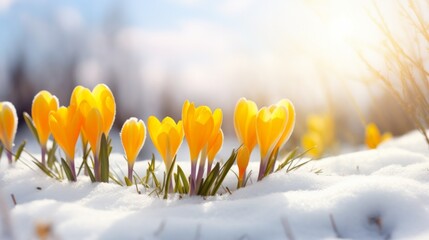 Beautiful primroses of yellow Crocuses bloom on a background of white snow on a sunny spring day. Spring background with copy space. - obrazy, fototapety, plakaty