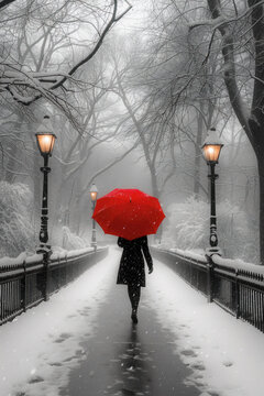 Lady with a red umbrella in the snow