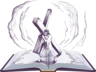 Jesus carries cross open book bible page religion