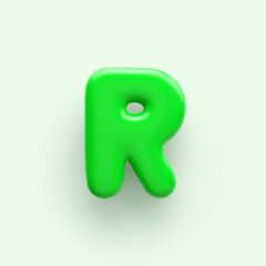 3D Green letter R with a glossy surface on a light background .