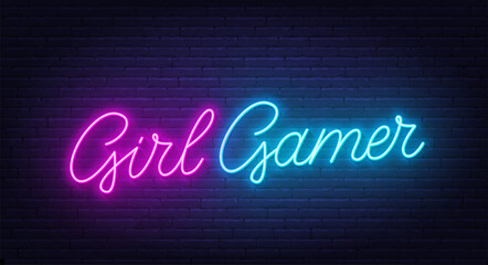 Girl Gamer neon script sign on brick wall background