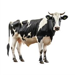 Side view of a cow with black spots looking at camera on a cut out PNG transparent background