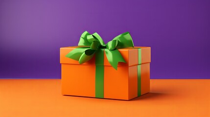 A vibrant green cardboard box adorned with purple ribbons and a bow is positioned on an orange table against a backdrop of lavender.