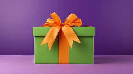 A vibrant green cardboard box adorned with purple ribbons and a bow is positioned on an orange table against a backdrop of lavender.