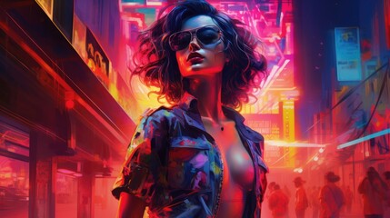 Illustrate a woman in a neon-lit environment