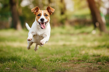 Jack Russell Terrier dog jumping and running in the field