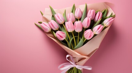 Pink paper wrapper with a bouquet of tulips. - obrazy, fototapety, plakaty