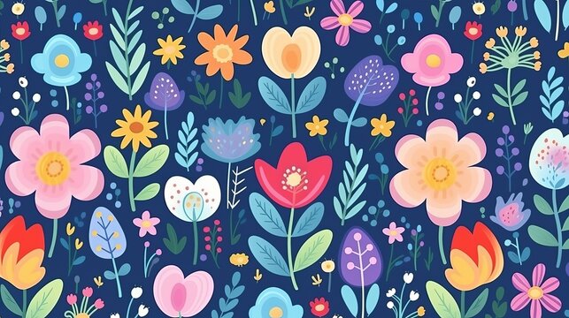 Adorable seamless pattern background with a bright hand-drawn rainbow, flower, and natural components.