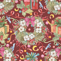 New Year Christmas seamless pattern with Christmas wreath, confetti, gifts, mistletoe drawn in watercolor on a burgundy background. Festive print for wrapping paper, textiles, wallpaper, stationery.