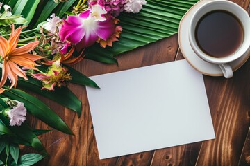 Top view of a glass of coffee, blank white paper and flowers on wooden background