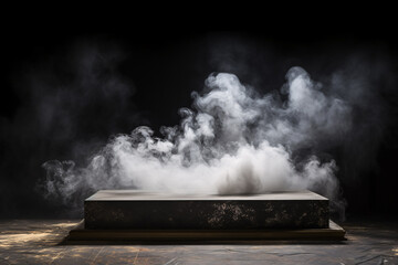 .Dark Stone Podium with Smoke, 3D Illustration of Product Display