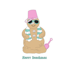 Retro beachy sand snowman with spiral shell nose and towel scarf in sunglasses vector illustration isolated on white. Merry Christmas play on words phrase, Groovy tropical summer Christmas print.