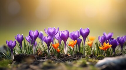 Beautiful purple crocuses blooming in their natural habitat in the forest. Spring, landscape, wildlife concepts.