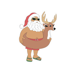 Retro beachy Santa Claus in swimsuit with reindeer swim ring vector illustration isolated on white. Groovy tropical summer Christmas print.