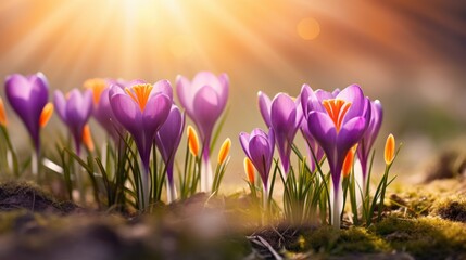 Close-up of beautiful purple crocuses blooming in their natural habitat in the forest in the sunlight. Spring, landscape, wildlife concepts.
