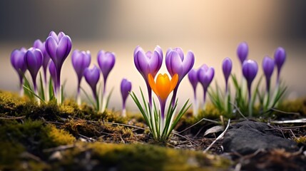Colorful crocus flowers blooming in snow covering in a forest.