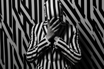 Ethereal Dance of Shadows, A Captivating Figure Mesmerized Amidst the Enigmatic Monochrome Stripes