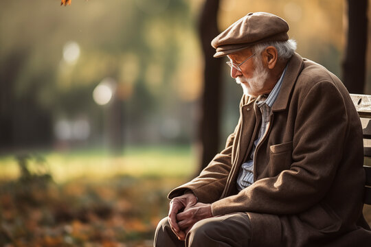 An elderly man sitting surrounded by orange leaves. Sad and melancholic man spends time alone. People concept
