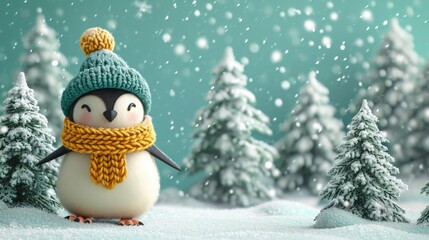 Obraz premium A cute penguin, adorned with a cozy knitted hat and a thick woven scarf, stands among snow-covered trees on a soft turquoise background. digital art
