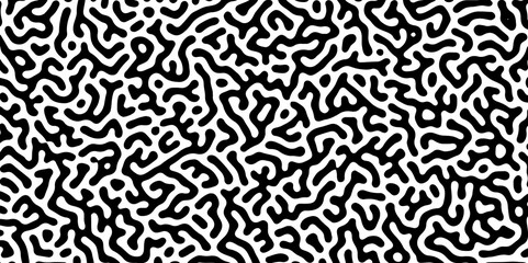 Fototapeta premium Abstract Turing organic wallpaper with background. Turing reaction diffusion monochrome seamless pattern with chaotic motion. Natural seamless line pattern. Linear design with biological shapes.