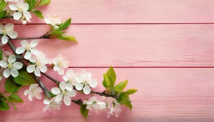 Kwitnące gałązki wiśni na różowych deskach. Wiosenne tło - obrazy, fototapety, plakaty