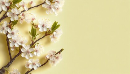 Blooming cherry branches on a yellow, pastel background