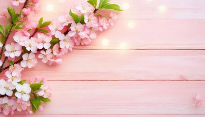 Kwitnące gałązki wiśni na różowych deskach. Wiosenne tło - obrazy, fototapety, plakaty