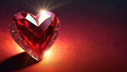 Kryształowe, czerwone serce na czerwonym ciemnym tle. Walentynkowe tło - obrazy, fototapety, plakaty