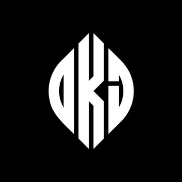 OKJ circle letter logo design with circle and ellipse shape. OKJ ellipse letters with typographic style. The three initials form a circle logo. OKJ Circle Emblem Abstract Monogram Letter Mark Vector.