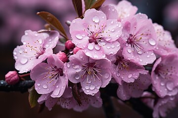  a close up of a flower on a tree branch with water droplets on it and a pink flower in the middle.