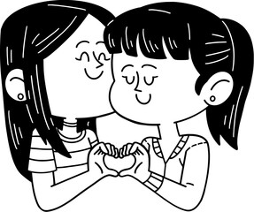 Romantic gay couple love sign cartoon illustration outline, coloring page