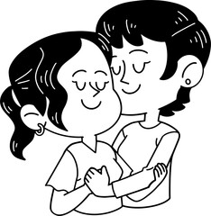 Romantic gay couple hugging each other cartoon illustration outline, coloring page