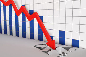 Blue and white tiles forming a bar chart on a wall with a red down arrow cracking the floor in front of them. Illustration of the concept of financial crisis and falling stock prices © Dragon Claws
