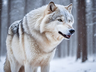 White Wolf With Snow Background. Generative AI