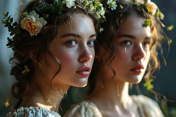 Naklejka premium Close-Up Portrait of a Gorgeous girl in a spring wreath of flowers