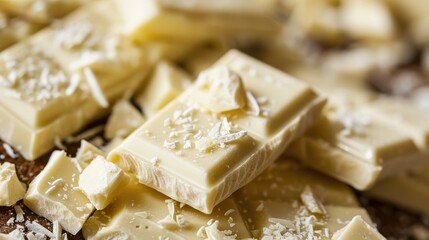 Pieces of white chocolate and grated chocolate. White chocolate background