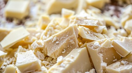 Pieces of white chocolate and grated chocolate. White chocolate background