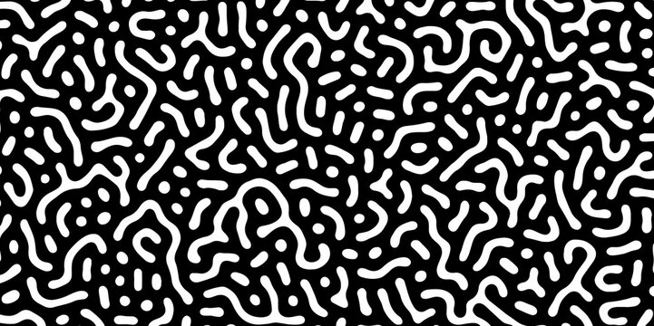 Abstract Turing organic wallpaper with background. Turing reaction diffusion monochrome seamless pattern with chaotic motion. Natural seamless line pattern. Linear design with biological shapes. © Mr John
