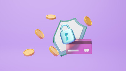 3d banking credit cards, shield indicating security and encryption, padlock. Concept of banking operation. Financial transactions, payments, online banking, money transfers. 3d render illustration