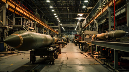 Naklejka premium Rocket factory. Process of creating rockets and big missiles. 