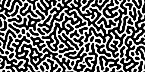 Abstract Turing organic wallpaper with background. Turing reaction diffusion monochrome seamless pattern with chaotic motion. Natural seamless line pattern. Linear design with biological shapes.