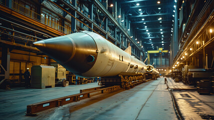 Rocket factory. Process of creating rockets and big missiles. 