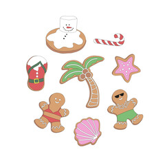 Fototapeta premium Retro Xmas bakery beachy gingerbread in swimsuit palm tree Santa flip flops melted snowman cookie vector illustration set isolated on white. Groovy tropical summer Christmas print.