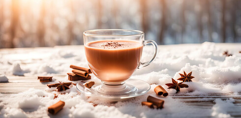 Hot chocolate with. spices in winter. with. copy space