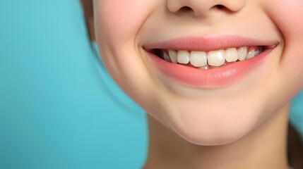 Fototapeta premium Girl smiling showing her healthy teeth. Concept of healthy teeth and oral hygiene, dentistry