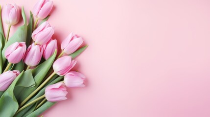 Top view of Bouquet of tulips flowers on pastel pink background with copy space. Beautiful composition spring flowers.