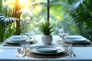 Fototapeta premium Table set in stylish white dining room, plants in the background, sunny background