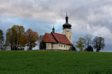 Church of Saint Clemens (kosciol sw. Klemensa) on Klimont Hill. Temple is depicted in coat of arms of the town. Ledziny, Poland.