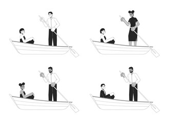 Fototapeta na wymiar Diverse couples on gondola ride black and white 2D line cartoon characters set. Heterosexual, homosexual sweethearts isolated vector outline people collection. Monochromatic flat spot illustrations