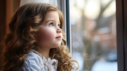 Fototapeta premium A young girl with curly hair gazing out a window, bathed in soft light.